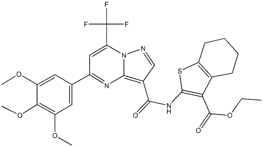 ethyl 2-({[7-(trifluoromethyl)-5-(3,4,5-trimethoxyphenyl)pyrazolo[1,5-a]pyrimidin-3-yl]carbonyl}amino)-4,5,6,7-tetrahydro-1-benzothiophene-3-carboxylate Struktur