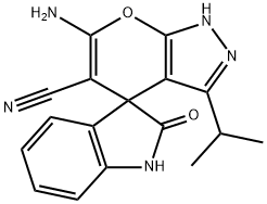 6-amino-5-cyano-3-isopropyl-1,4-dihydro-2'-oxospiro(pyrano[2,3-c]pyrazole-4,3'-indoline) Struktur