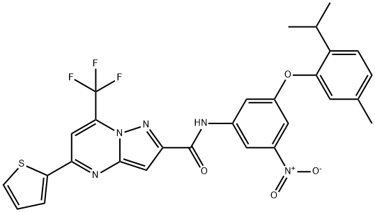 N-[3-nitro-5-(2-isopropyl-5-methylphenoxy)phenyl]-5-(2-thienyl)-7-(trifluoromethyl)pyrazolo[1,5-a]pyrimidine-2-carboxamide Struktur