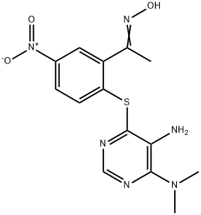 1-{2-{[5-amino-6-(dimethylamino)-4-pyrimidinyl]sulfanyl}-5-nitrophenyl}ethanone oxime Struktur