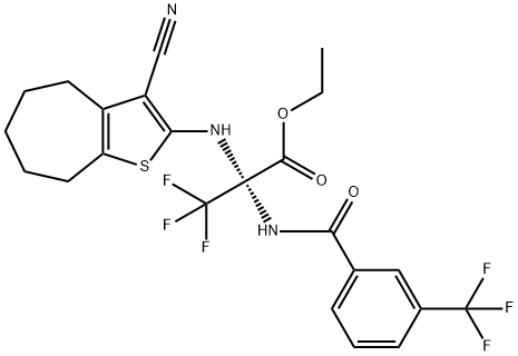 ethyl 2-[(3-cyano-5,6,7,8-tetrahydro-4H-cyclohepta[b]thiophen-2-yl)amino]-3,3,3-trifluoro-2-{[3-(trifluoromethyl)benzoyl]amino}propanoate Struktur