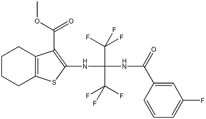 methyl 2-{[2,2,2-trifluoro-1-[(3-fluorobenzoyl)amino]-1-(trifluoromethyl)ethyl]amino}-4,5,6,7-tetrahydro-1-benzothiophene-3-carboxylate Struktur