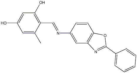 5-methyl-4-{[(2-phenyl-1,3-benzoxazol-5-yl)imino]methyl}-1,3-benzenediol Struktur