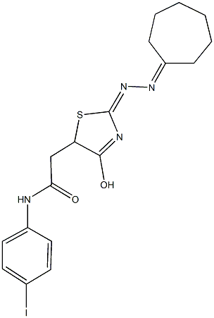 2-[2-(cycloheptylidenehydrazono)-4-hydroxy-2,5-dihydro-1,3-thiazol-5-yl]-N-(4-iodophenyl)acetamide Struktur