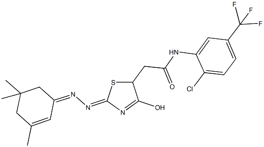 N-[2-chloro-5-(trifluoromethyl)phenyl]-2-{4-hydroxy-2-[(3,5,5-trimethyl-2-cyclohexen-1-ylidene)hydrazono]-2,5-dihydro-1,3-thiazol-5-yl}acetamide Struktur