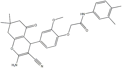 2-[4-(2-amino-3-cyano-7,7-dimethyl-5-oxo-5,6,7,8-tetrahydro-4H-chromen-4-yl)-2-methoxyphenoxy]-N-(3,4-dimethylphenyl)acetamide Struktur