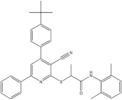 2-{[4-(4-tert-butylphenyl)-3-cyano-6-phenyl-2-pyridinyl]sulfanyl}-N-(2,6-dimethylphenyl)propanamide Struktur