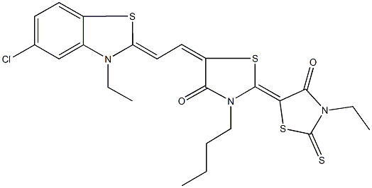 3-butyl-3'-ethyl-5-[2-(5-chloro-3-ethyl-1,3-benzothiazol-2(3H)-ylidene)ethylidene]-2'-thioxo-2,5'-bis[1,3-thiazolidin-4-one] Struktur