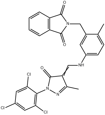 2-[2-methyl-5-({[3-methyl-5-oxo-1-(2,4,6-trichlorophenyl)-1,5-dihydro-4H-pyrazol-4-ylidene]methyl}amino)benzyl]-1H-isoindole-1,3(2H)-dione Struktur