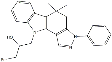 1-bromo-3-(5,5-dimethyl-3-phenyl-4,5-dihydropyrazolo[4,3-a]carbazol-10(3H)-yl)-2-propanol Struktur