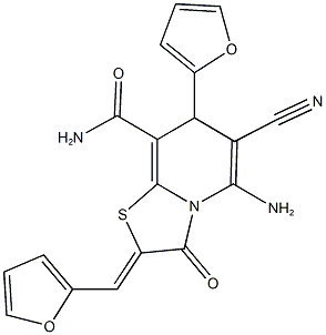 5-amino-6-cyano-7-(2-furyl)-2-(2-furylmethylene)-3-oxo-2,3-dihydro-7H-[1,3]thiazolo[3,2-a]pyridine-8-carboxamide Struktur