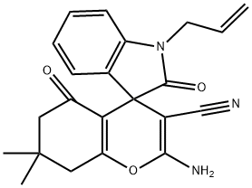 1-allyl-2'-amino-3'-cyano-1,3,5',6',7',8'-hexahydro-7',7'-dimethyl-2,5'-dioxospiro[2H-indole-3,4'-(4'H)-chromene] Struktur