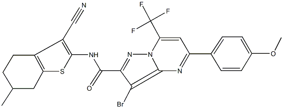 3-bromo-N-(3-cyano-6-methyl-4,5,6,7-tetrahydro-1-benzothien-2-yl)-5-(4-methoxyphenyl)-7-(trifluoromethyl)pyrazolo[1,5-a]pyrimidine-2-carboxamide Struktur