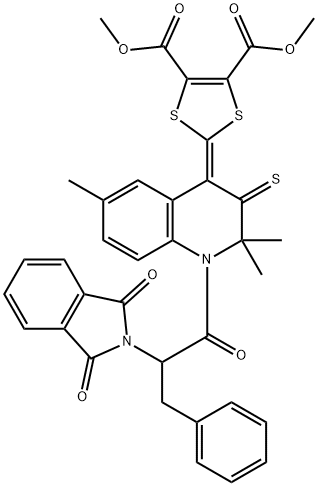 dimethyl 2-(1-[2-(1,3-dioxo-1,3-dihydro-2H-isoindol-2-yl)-3-phenylpropanoyl]-2,2,6-trimethyl-3-thioxo-2,3-dihydro-4(1H)-quinolinylidene)-1,3-dithiole-4,5-dicarboxylate Struktur