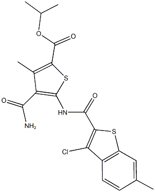 isopropyl 4-(aminocarbonyl)-5-{[(3-chloro-6-methyl-1-benzothien-2-yl)carbonyl]amino}-3-methyl-2-thiophenecarboxylate Struktur