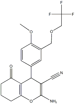 2-amino-4-{4-methoxy-3-[(2,2,2-trifluoroethoxy)methyl]phenyl}-5-oxo-5,6,7,8-tetrahydro-4H-chromene-3-carbonitrile Struktur