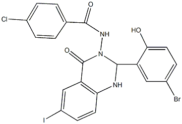 N-(2-(5-bromo-2-hydroxyphenyl)-6-iodo-4-oxo-1,4-dihydro-3(2H)-quinazolinyl)-4-chlorobenzamide Struktur