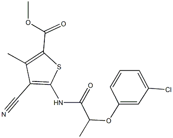 methyl 5-{[2-(3-chlorophenoxy)propanoyl]amino}-4-cyano-3-methyl-2-thiophenecarboxylate Struktur