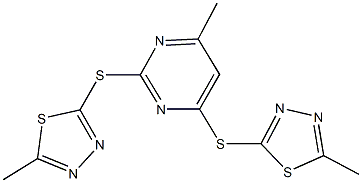 4-methyl-2,6-bis[(5-methyl-1,3,4-thiadiazol-2-yl)sulfanyl]pyrimidine Struktur