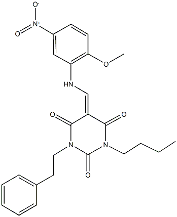 1-butyl-5-({5-nitro-2-methoxyanilino}methylene)-3-(2-phenylethyl)-2,4,6(1H,3H,5H)-pyrimidinetrione Struktur