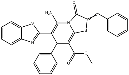 methyl 5-amino-6-(1,3-benzothiazol-2-yl)-2-benzylidene-3-oxo-7-phenyl-2,3-dihydro-7H-[1,3]thiazolo[3,2-a]pyridine-8-carboxylate Struktur