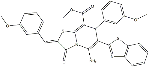 methyl 5-amino-6-(1,3-benzothiazol-2-yl)-2-(3-methoxybenzylidene)-7-(3-methoxyphenyl)-3-oxo-2,3-dihydro-7H-[1,3]thiazolo[3,2-a]pyridine-8-carboxylate Struktur