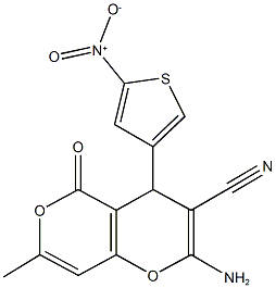 2-amino-4-{5-nitro-3-thienyl}-7-methyl-5-oxo-4H,5H-pyrano[4,3-b]pyran-3-carbonitrile Struktur