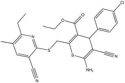 ethyl 6-amino-4-(4-chlorophenyl)-5-cyano-2-{[(3-cyano-6-ethyl-5-methyl-2-pyridinyl)sulfanyl]methyl}-4H-thiopyran-3-carboxylate Struktur