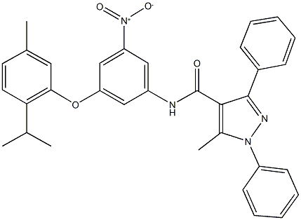 N-[3-nitro-5-(2-isopropyl-5-methylphenoxy)phenyl]-5-methyl-1,3-diphenyl-1H-pyrazole-4-carboxamide Struktur