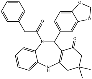 11-(1,3-benzodioxol-5-yl)-3,3-dimethyl-10-(phenylacetyl)-2,3,4,5,10,11-hexahydro-1H-dibenzo[b,e][1,4]diazepin-1-one Struktur