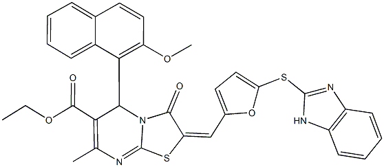 ethyl 2-{[5-(1H-benzimidazol-2-ylsulfanyl)-2-furyl]methylene}-5-(2-methoxy-1-naphthyl)-7-methyl-3-oxo-2,3-dihydro-5H-[1,3]thiazolo[3,2-a]pyrimidine-6-carboxylate Struktur