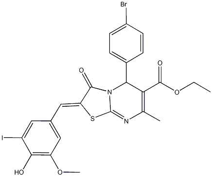 ethyl 5-(4-bromophenyl)-2-(4-hydroxy-3-iodo-5-methoxybenzylidene)-7-methyl-3-oxo-2,3-dihydro-5H-[1,3]thiazolo[3,2-a]pyrimidine-6-carboxylate Struktur