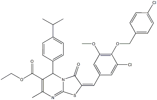 ethyl 2-{3-chloro-4-[(4-chlorobenzyl)oxy]-5-methoxybenzylidene}-5-(4-isopropylphenyl)-7-methyl-3-oxo-2,3-dihydro-5H-[1,3]thiazolo[3,2-a]pyrimidine-6-carboxylate Struktur