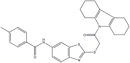 4-methyl-N-(2-{[2-(1,2,3,4,5,6,7,8-octahydro-9H-carbazol-9-yl)-2-oxoethyl]sulfanyl}-1,3-benzothiazol-6-yl)benzamide Struktur