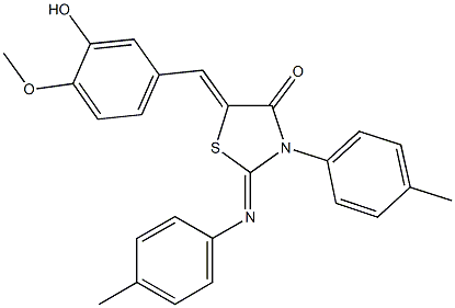 5-(3-hydroxy-4-methoxybenzylidene)-3-(4-methylphenyl)-2-[(4-methylphenyl)imino]-1,3-thiazolidin-4-one Struktur