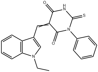 5-[(1-ethyl-1H-indol-3-yl)methylene]-1-phenyl-2-thioxodihydro-4,6(1H,5H)-pyrimidinedione Struktur