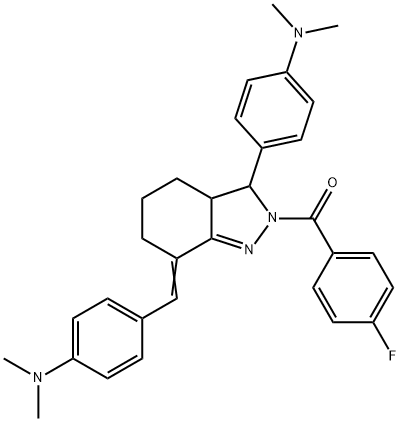 N-{4-[7-[4-(dimethylamino)benzylidene]-2-(4-fluorobenzoyl)-3,3a,4,5,6,7-hexahydro-2H-indazol-3-yl]phenyl}-N,N-dimethylamine Struktur