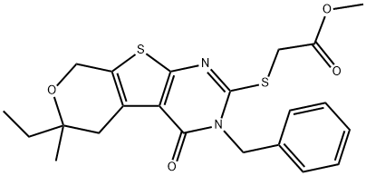 methyl [(3-benzyl-6-ethyl-6-methyl-4-oxo-3,5,6,8-tetrahydro-4H-pyrano[4',3':4,5]thieno[2,3-d]pyrimidin-2-yl)sulfanyl]acetate Struktur