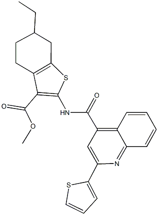 methyl 6-ethyl-2-({[2-(2-thienyl)-4-quinolinyl]carbonyl}amino)-4,5,6,7-tetrahydro-1-benzothiophene-3-carboxylate Struktur