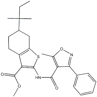 methyl 2-{[(5-methyl-3-phenyl-4-isoxazolyl)carbonyl]amino}-6-tert-pentyl-4,5,6,7-tetrahydro-1-benzothiophene-3-carboxylate Struktur