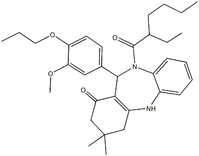 10-(2-ethylhexanoyl)-11-(3-methoxy-4-propoxyphenyl)-3,3-dimethyl-2,3,4,5,10,11-hexahydro-1H-dibenzo[b,e][1,4]diazepin-1-one Struktur