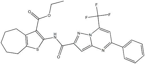 ethyl 2-({[5-phenyl-7-(trifluoromethyl)pyrazolo[1,5-a]pyrimidin-2-yl]carbonyl}amino)-5,6,7,8-tetrahydro-4H-cyclohepta[b]thiophene-3-carboxylate Struktur