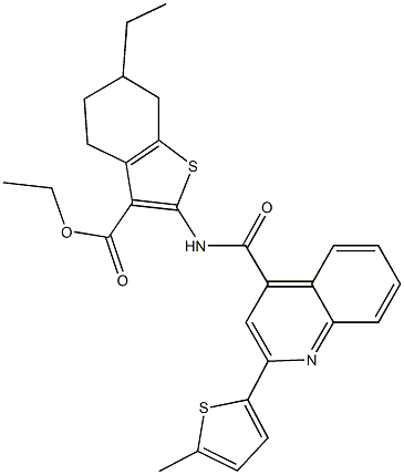 ethyl 6-ethyl-2-({[2-(5-methyl-2-thienyl)-4-quinolinyl]carbonyl}amino)-4,5,6,7-tetrahydro-1-benzothiophene-3-carboxylate Struktur