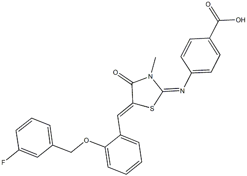 4-[(5-{2-[(3-fluorobenzyl)oxy]benzylidene}-3-methyl-4-oxo-1,3-thiazolidin-2-ylidene)amino]benzoic acid Structure