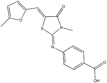 4-({3-methyl-5-[(5-methyl-2-furyl)methylene]-4-oxo-1,3-thiazolidin-2-ylidene}amino)benzoic acid Struktur