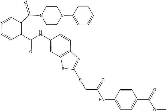 methyl 4-[({[6-({2-[(4-phenyl-1-piperazinyl)carbonyl]benzoyl}amino)-1,3-benzothiazol-2-yl]sulfanyl}acetyl)amino]benzoate Struktur