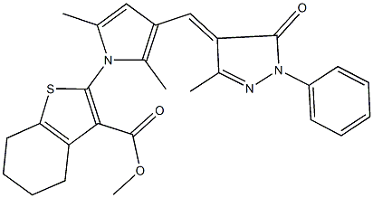 methyl 2-{2,5-dimethyl-3-[(3-methyl-5-oxo-1-phenyl-1,5-dihydro-4H-pyrazol-4-ylidene)methyl]-1H-pyrrol-1-yl}-4,5,6,7-tetrahydro-1-benzothiophene-3-carboxylate Struktur