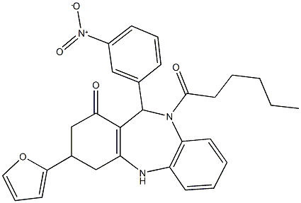 3-(2-furyl)-10-hexanoyl-11-{3-nitrophenyl}-2,3,4,5,10,11-hexahydro-1H-dibenzo[b,e][1,4]diazepin-1-one Struktur