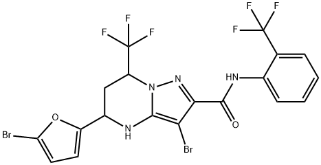 3-bromo-5-(5-bromo-2-furyl)-7-(trifluoromethyl)-N-[2-(trifluoromethyl)phenyl]-4,5,6,7-tetrahydropyrazolo[1,5-a]pyrimidine-2-carboxamide Struktur