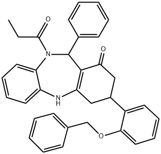 3-[2-(benzyloxy)phenyl]-11-phenyl-10-propionyl-2,3,4,5,10,11-hexahydro-1H-dibenzo[b,e][1,4]diazepin-1-one Struktur